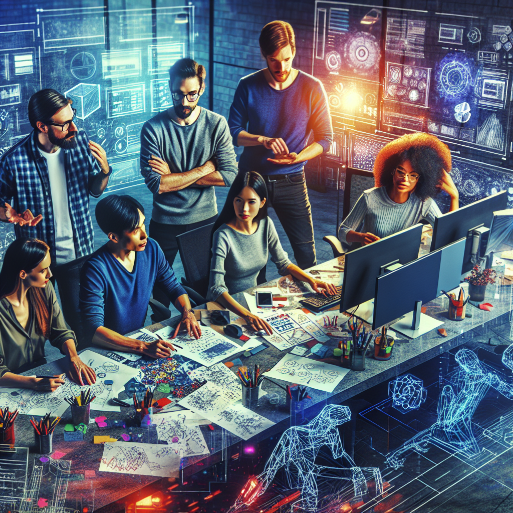 A diverse team of developers and designers collaborating on the game