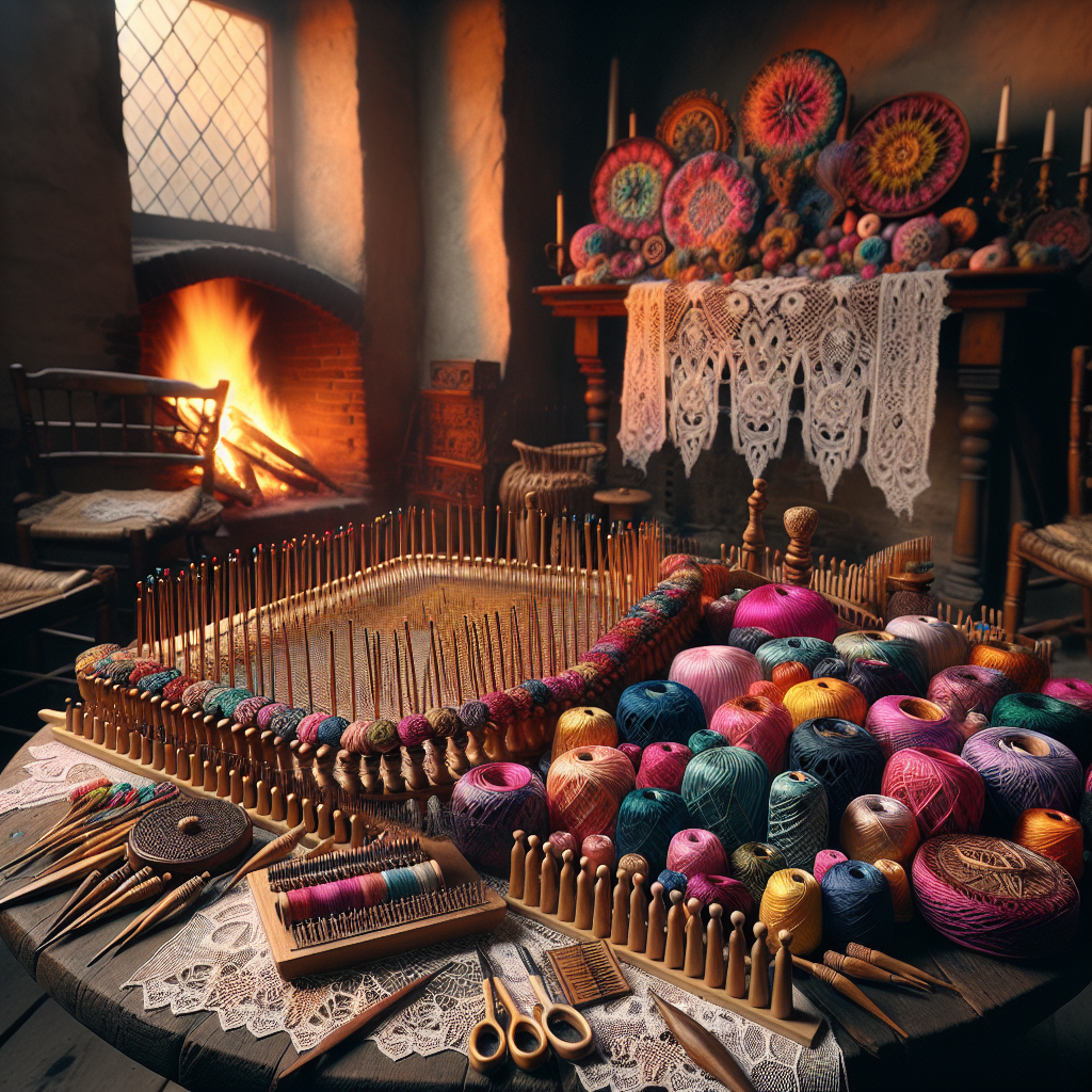 A beautiful lace-making scene with colorful threads and tools